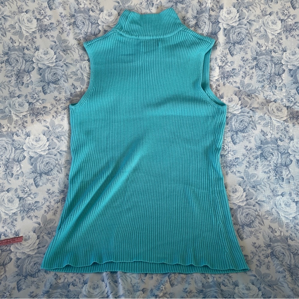Vintage Y2K Medium Ribbed Knit Teal Turtleneck Sweater Sleeveless Dana Buchman - Picture 3 of 9